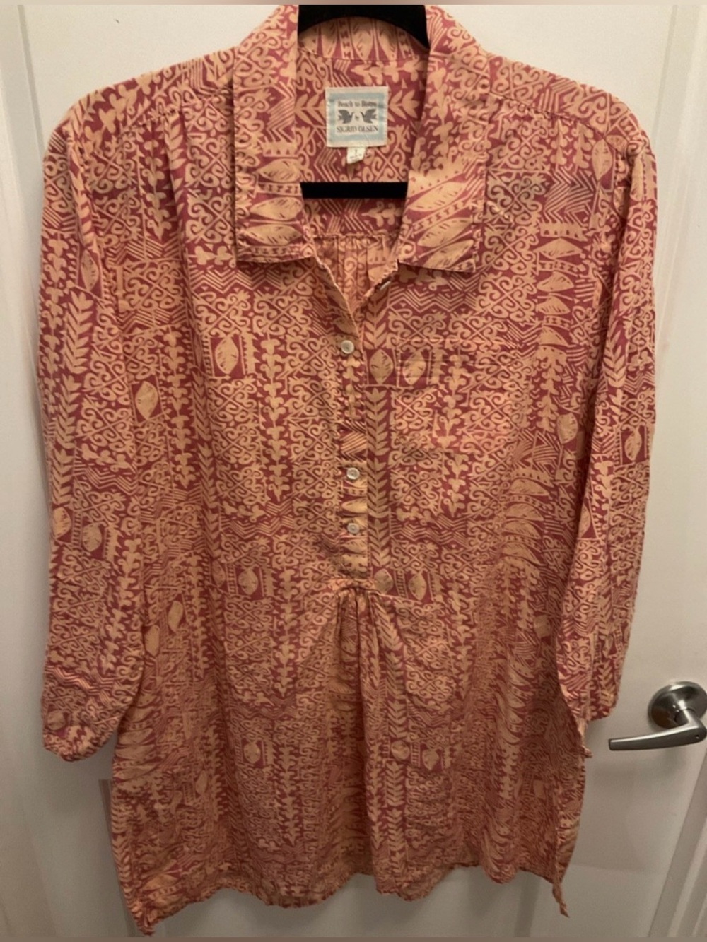 Sigrid Olsen Long-Sleeve Button Front Dress in Rust and Cream